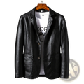 Men faux leather double-breasted blazer in black featuring two front buttons and flap pockets for formal wear