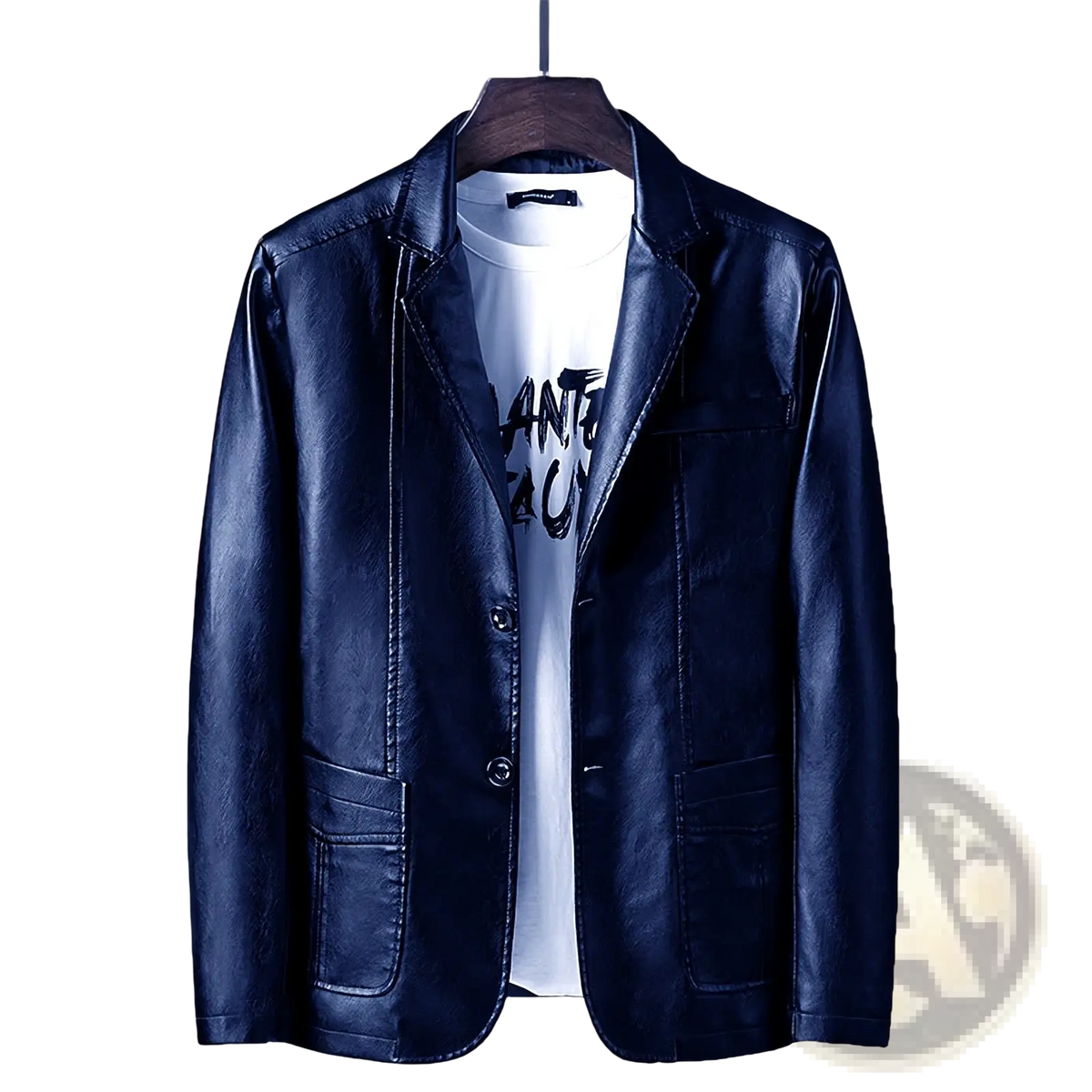 Dark blue men faux leather blazer with classic double-breasted design and two front pockets