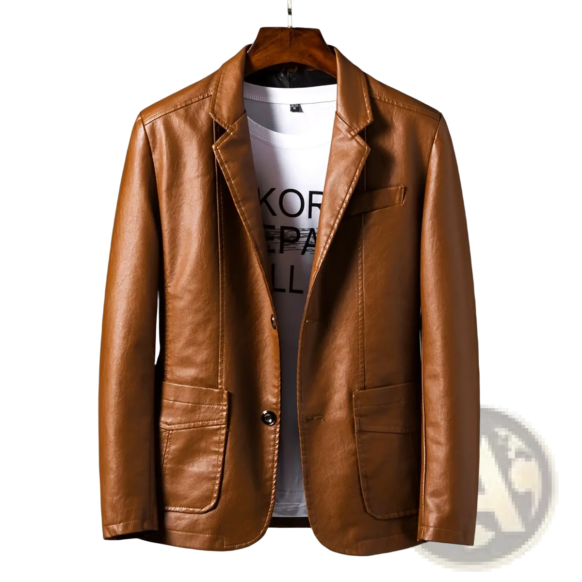 Brown faux leather men blazer with classic double-breasted design and two front flap pockets