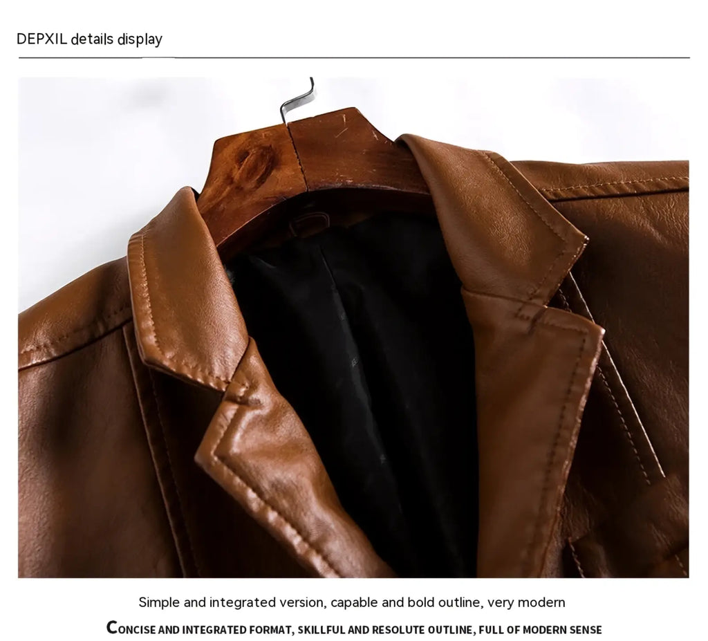 Men faux leather double-breasted blazer in brown with sleek modern design and black interior lining