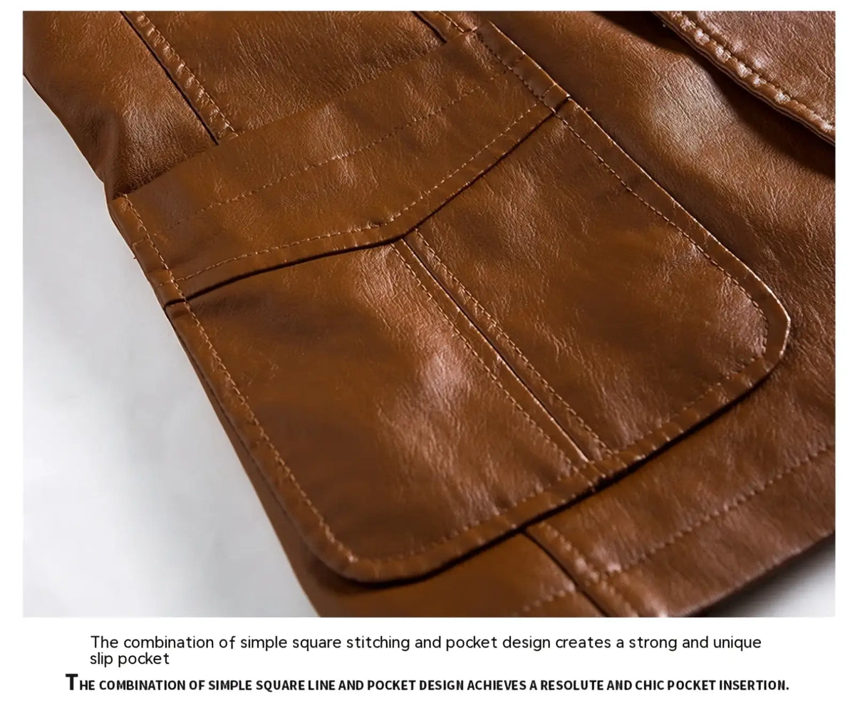 Men faux leather double-breasted blazer with brown slip pocket featuring simple square stitching and structured design