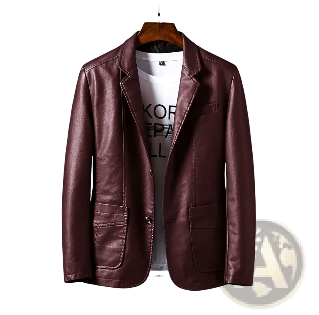 Reddish brown men faux leather double-breasted blazer with two front pockets and single button closure