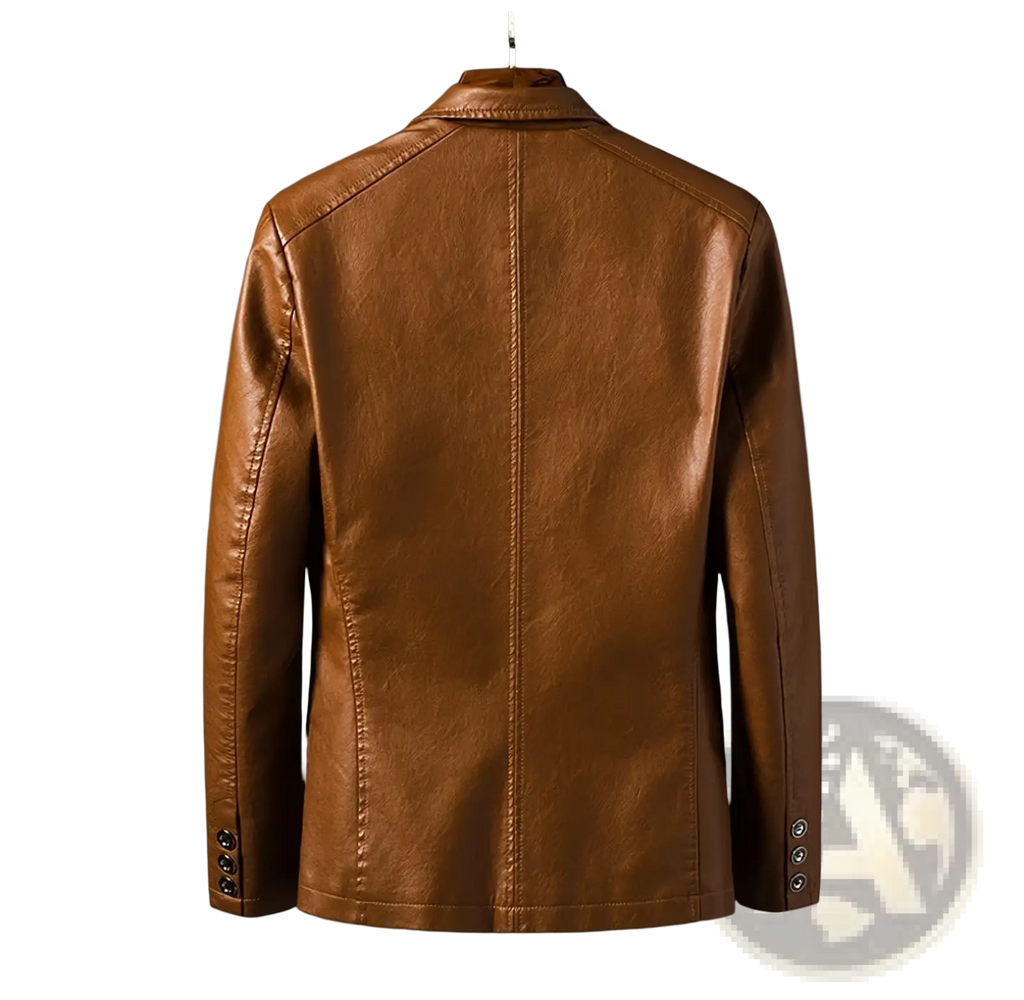 Men faux leather double-breasted blazer in sleek yellow-brown with classic collar and buttoned cuffs