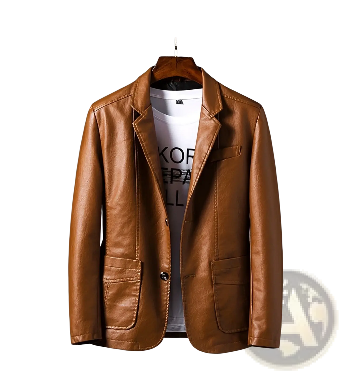 A tan faux leather double-breasted men’s blazer with classic collar and two front pockets