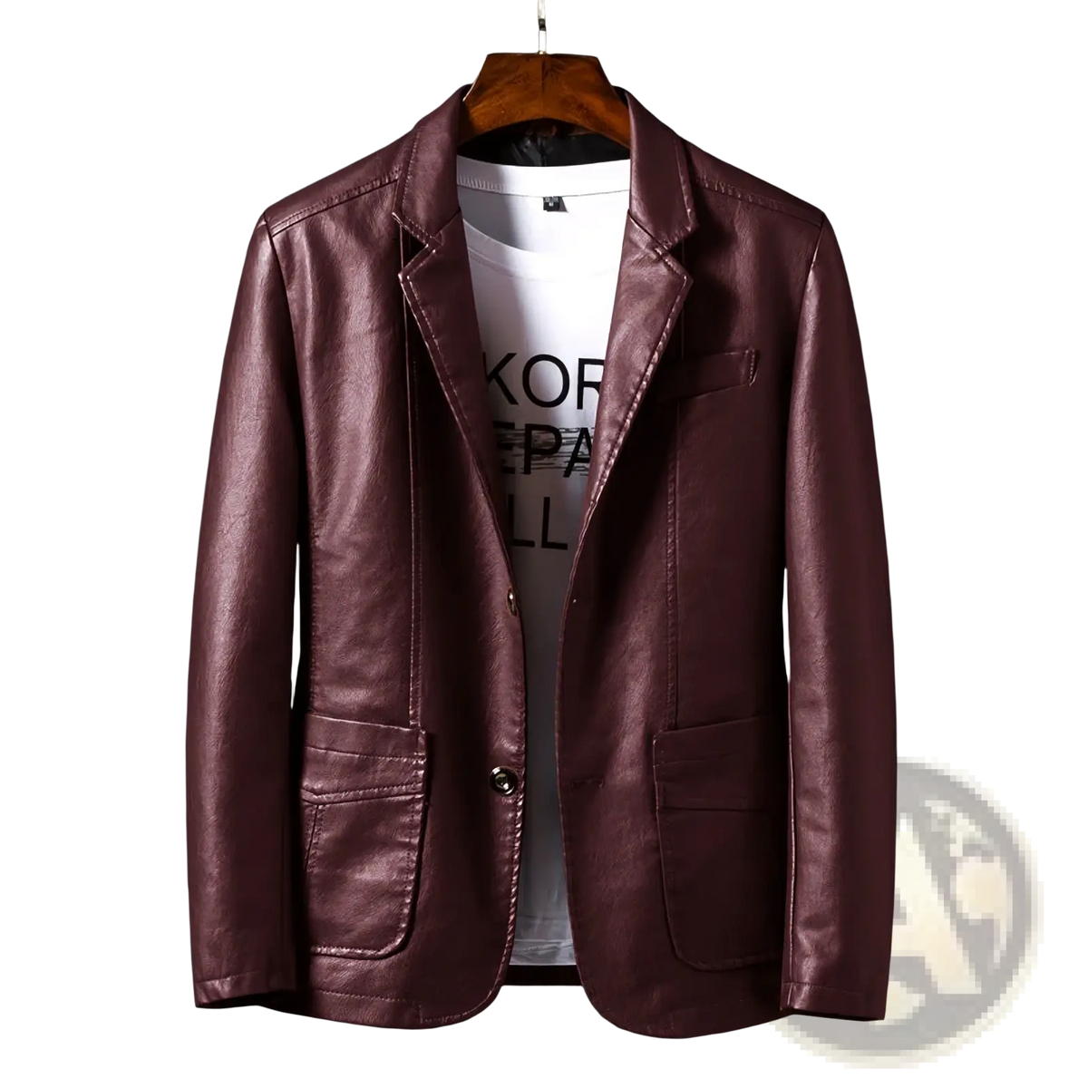 A sleek burgundy faux leather men’s double-breasted blazer with classic design and front flap pockets
