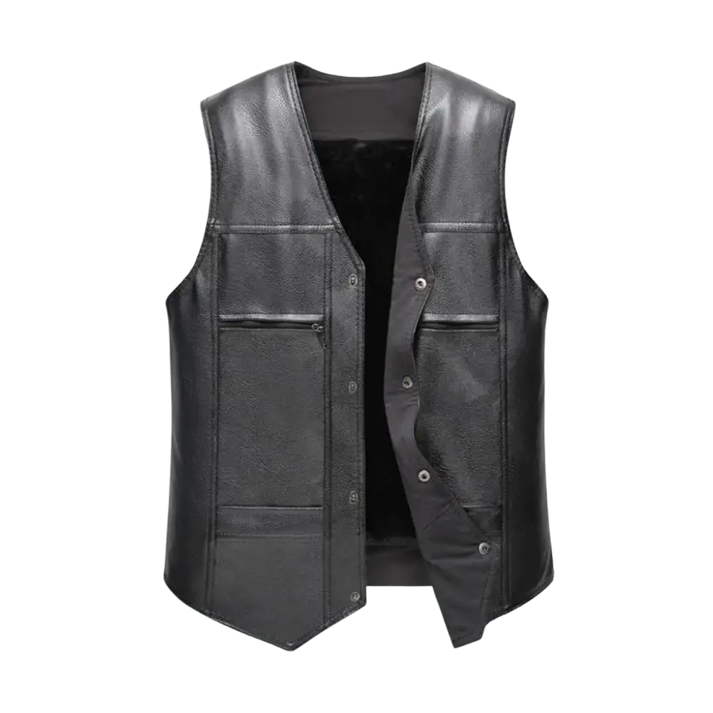 Men faux leather fleece lined winter vest in black with button closures and front pockets for cold weather use