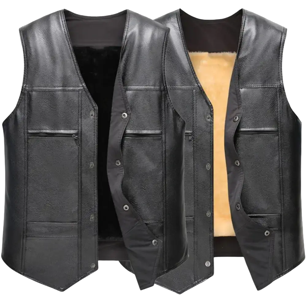 Men faux leather winter vest in black with plush tan fleece lining and multiple front pockets for warmth and style