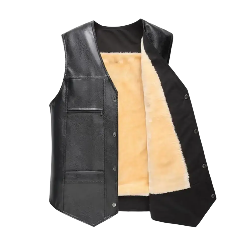 Men faux leather fleece lined winter vest in black with tan shearling lining and front button closure
