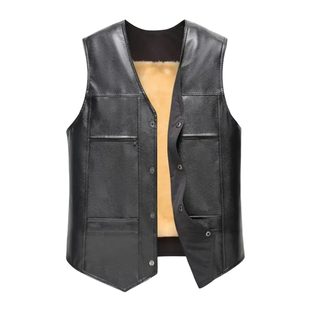 Men faux leather winter vest in black with warm tan fleece lining and multiple flap pockets
