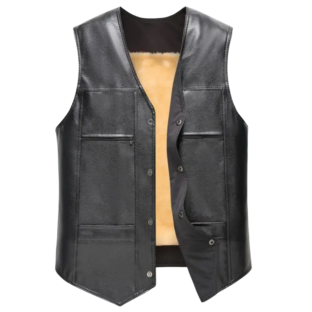 Men faux leather fleece lined winter vest in black with tan fleece lining and multiple front pockets