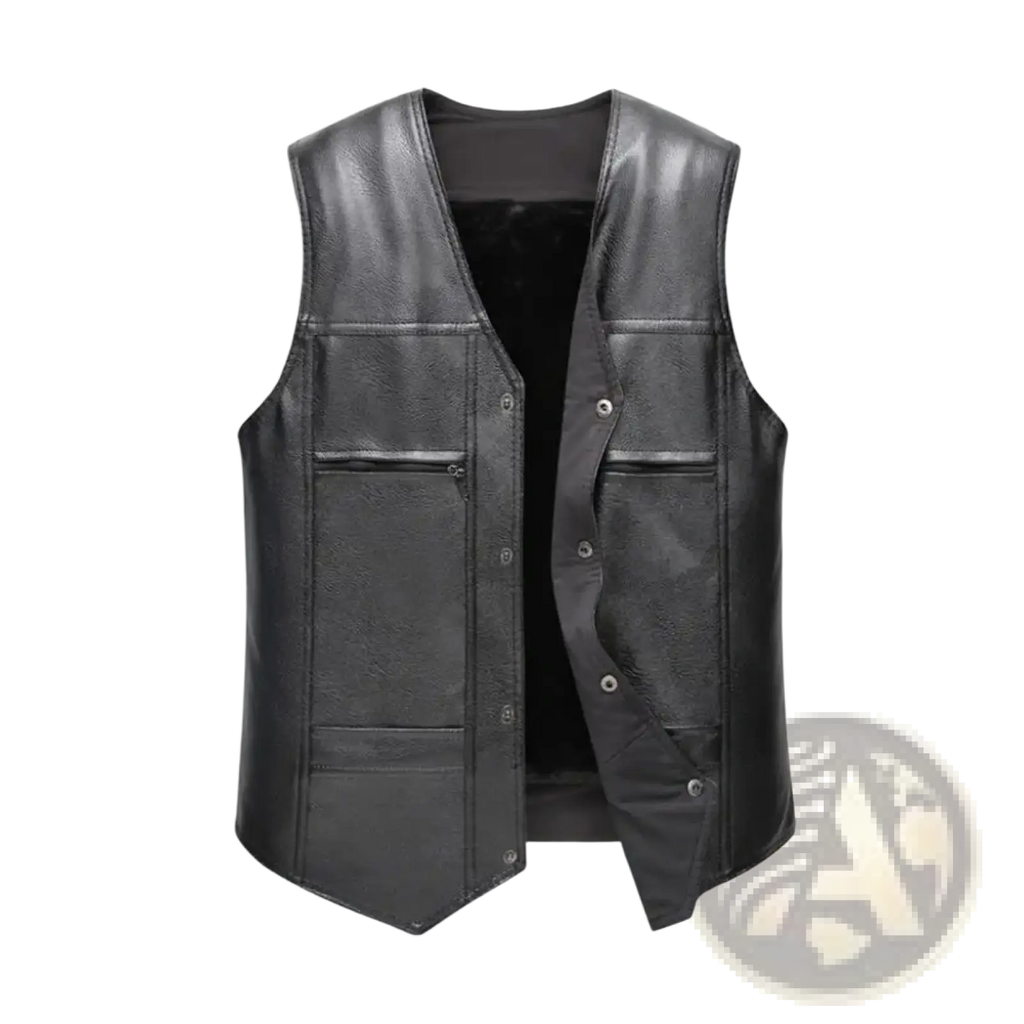 Men faux leather fleece lined winter vest in black with button closures and front pockets for cold weather use