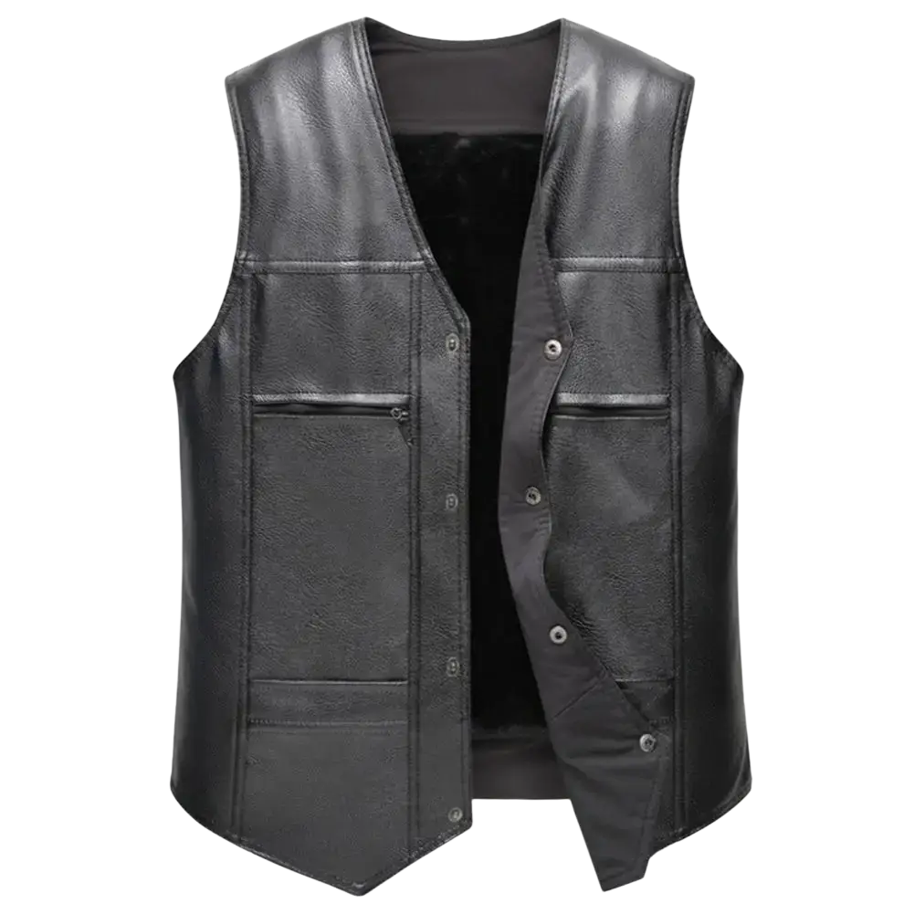 Men faux leather fleece lined winter vest black leather motorcycle vest with multiple pockets and button closures