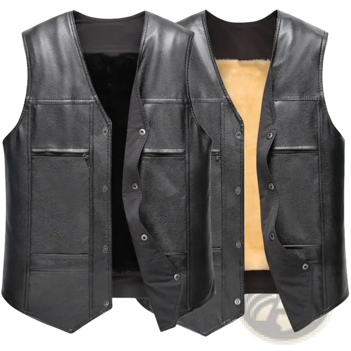 Men faux leather winter vest in black with plush tan fleece lining and multiple front pockets for warmth and style