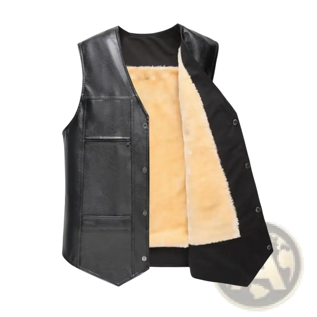 Men faux leather fleece lined winter vest in black with tan shearling lining and front button closure