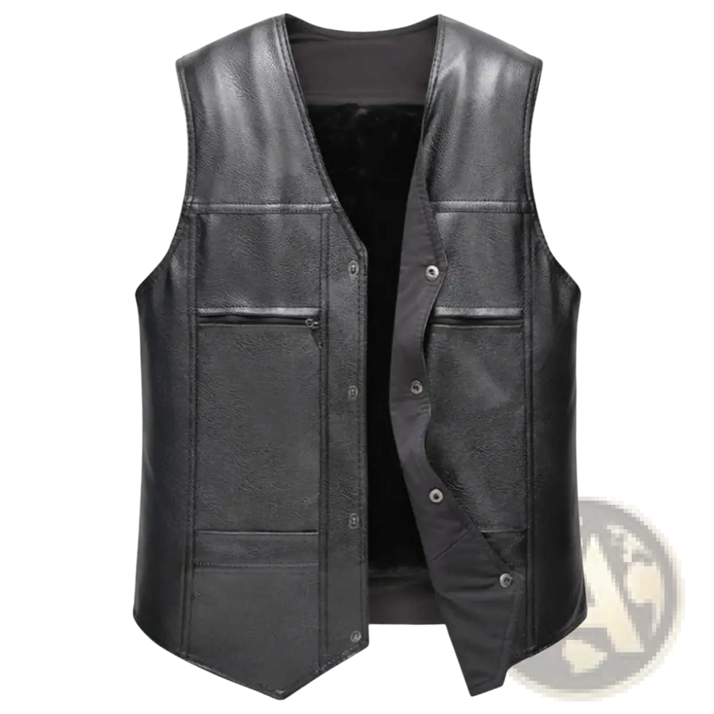 Men faux leather fleece lined winter vest black leather motorcycle vest with multiple pockets and button closures