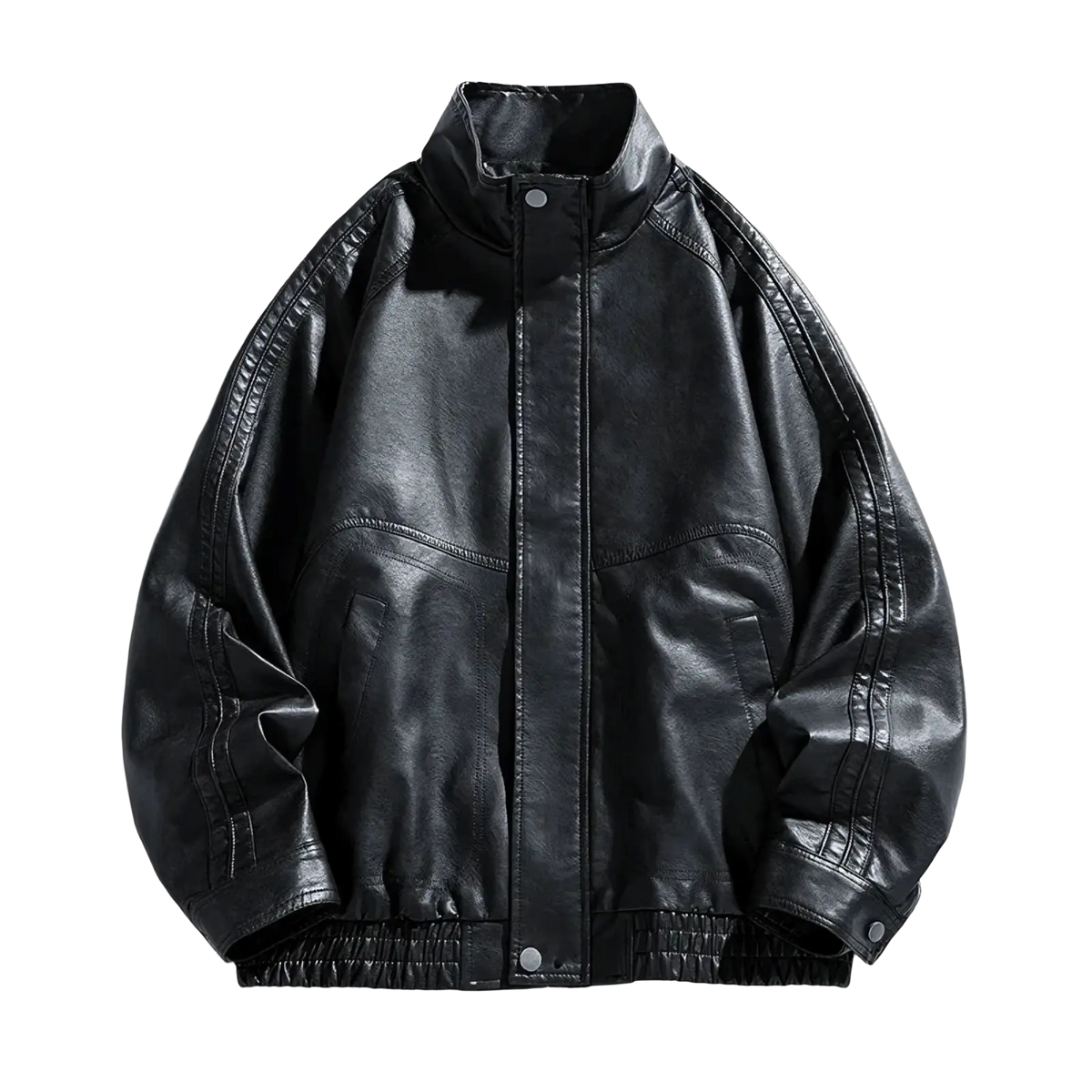 Men faux leather jacket casual bomber coat in black with ribbed cuffs waistband high collar and front snap closure