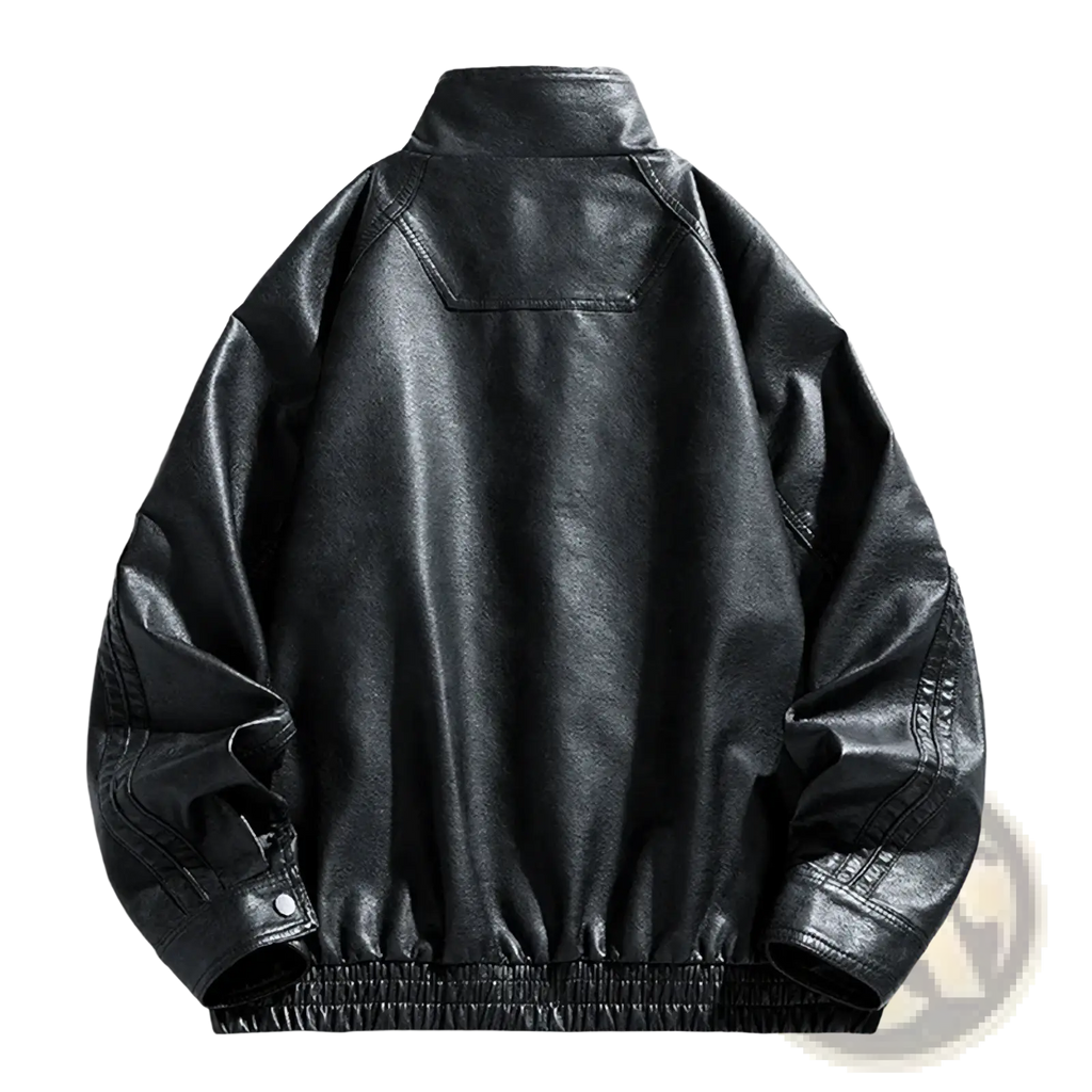 Men faux leather bomber jacket in black with ribbed cuffs and waistband for casual wear