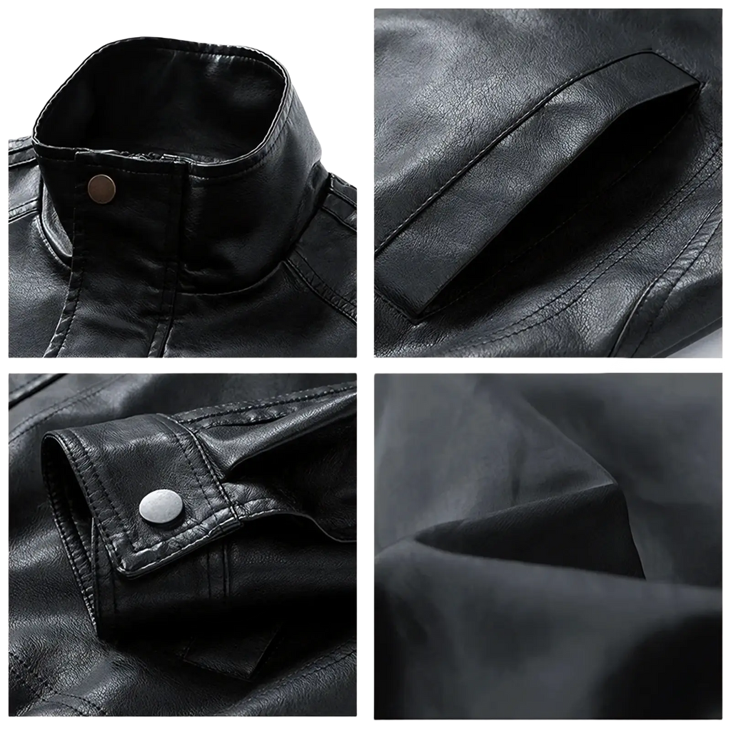 Men faux leather jacket casual bomber coat in black with high collar and buttoned cuffs for stylish outerwear