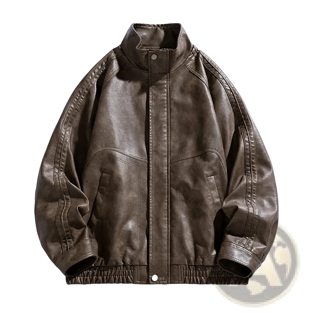 Men faux leather jacket casual bomber coat in brown with stitched detailing and elastic waistband