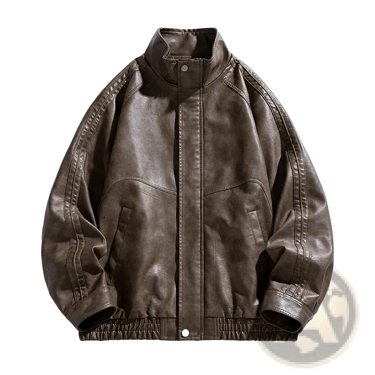 Men faux leather jacket casual bomber coat in brown with stitched detailing and elastic waistband
