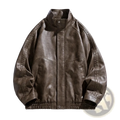 Men faux leather jacket casual bomber coat in dark brown with high collar ribbed cuffs waistband and visible stitching