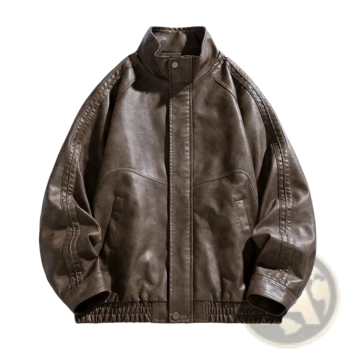Men faux leather jacket casual bomber coat in dark brown with high collar ribbed cuffs waistband and visible stitching