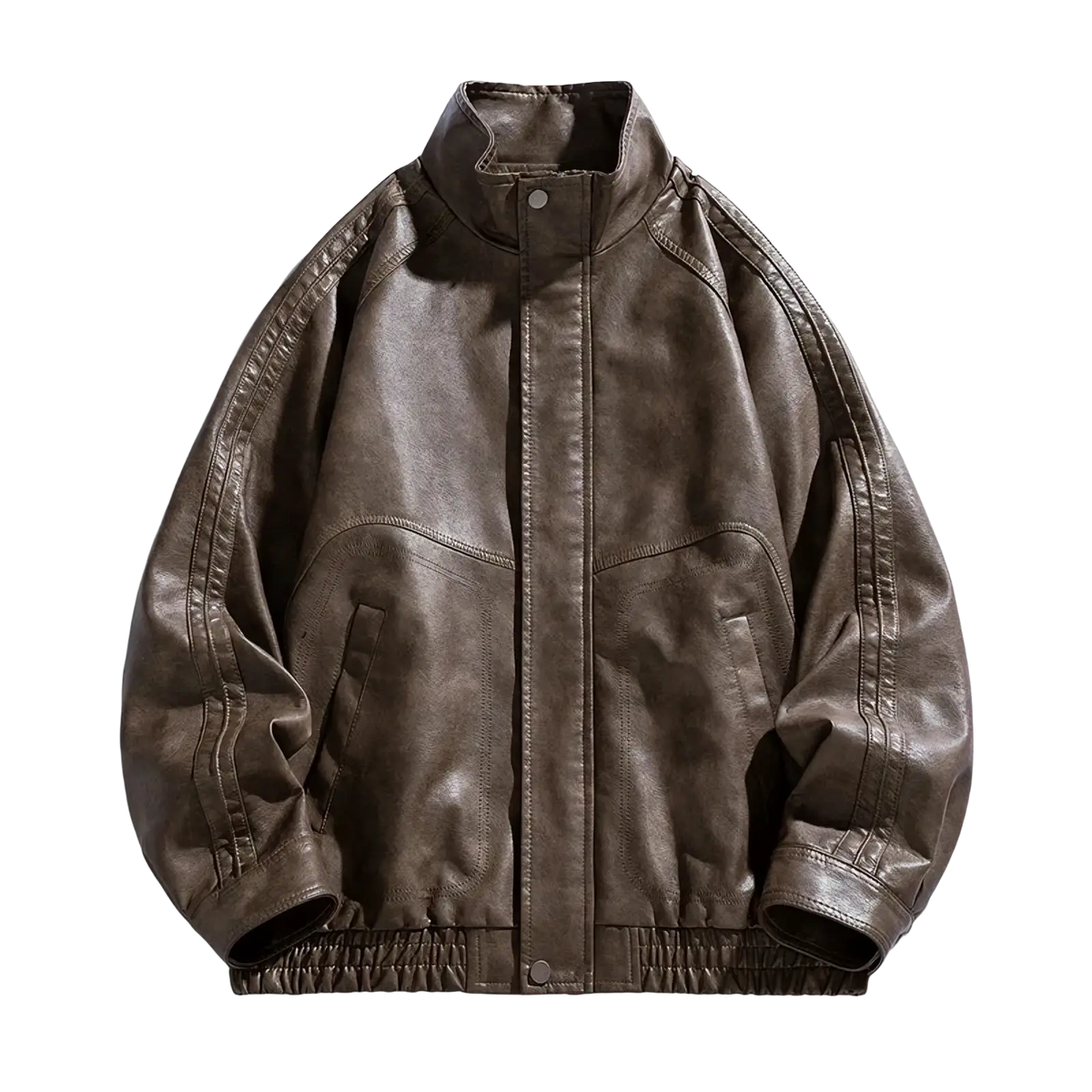 Men faux leather jacket casual bomber coat in dark brown with high collar ribbed cuffs waistband and visible stitching