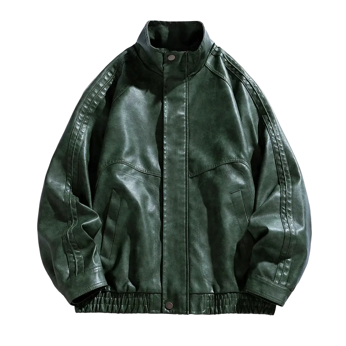 Dark green men faux leather casual bomber jacket with ribbed cuffs and waistband