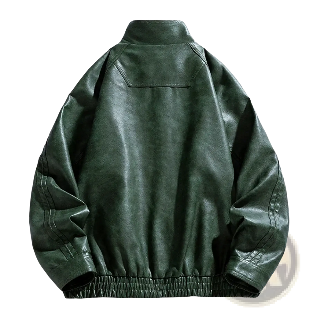 Dark green men faux leather bomber jacket with relaxed fit and elastic waistband for casual wear