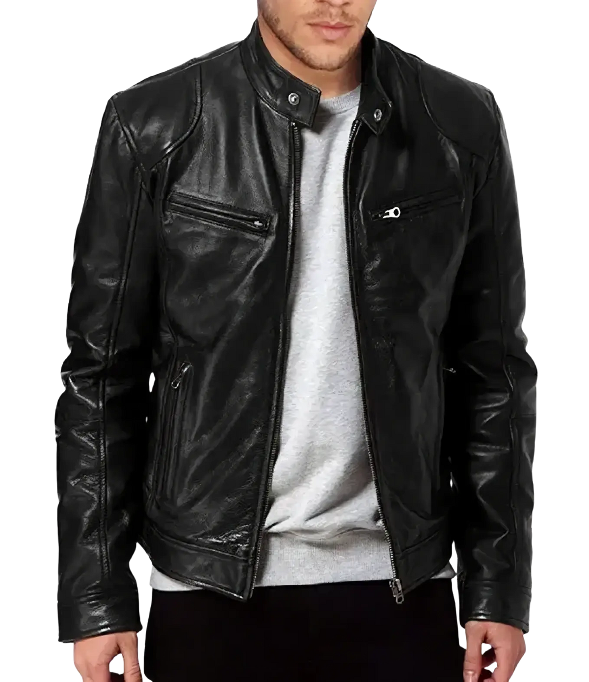 Men faux leather motorcycle bomber jacket in black with silver zippers and snap buttons for a stylish look