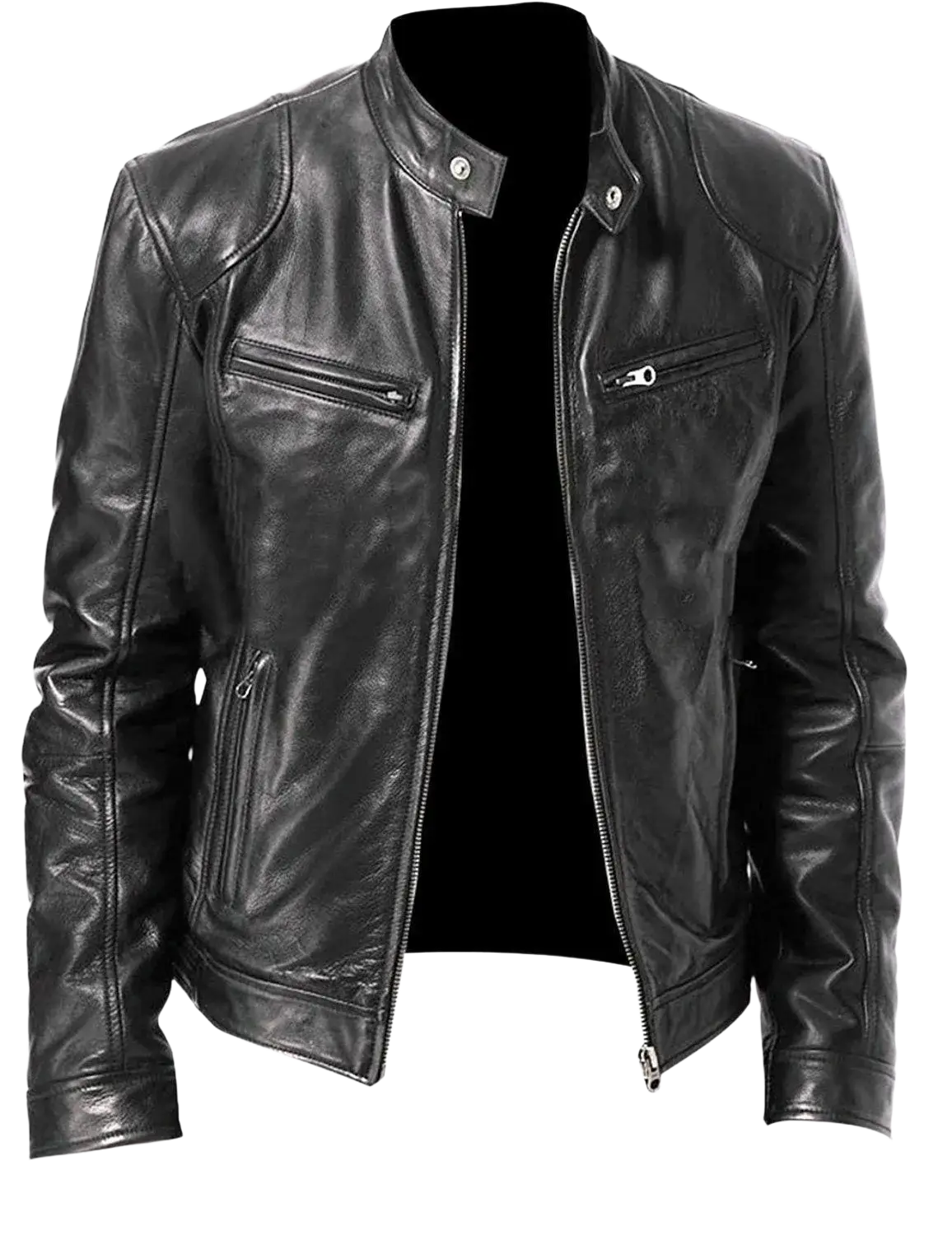 Men faux leather motorcycle bomber jacket in black with silver zippers and snap buttons for a stylish look