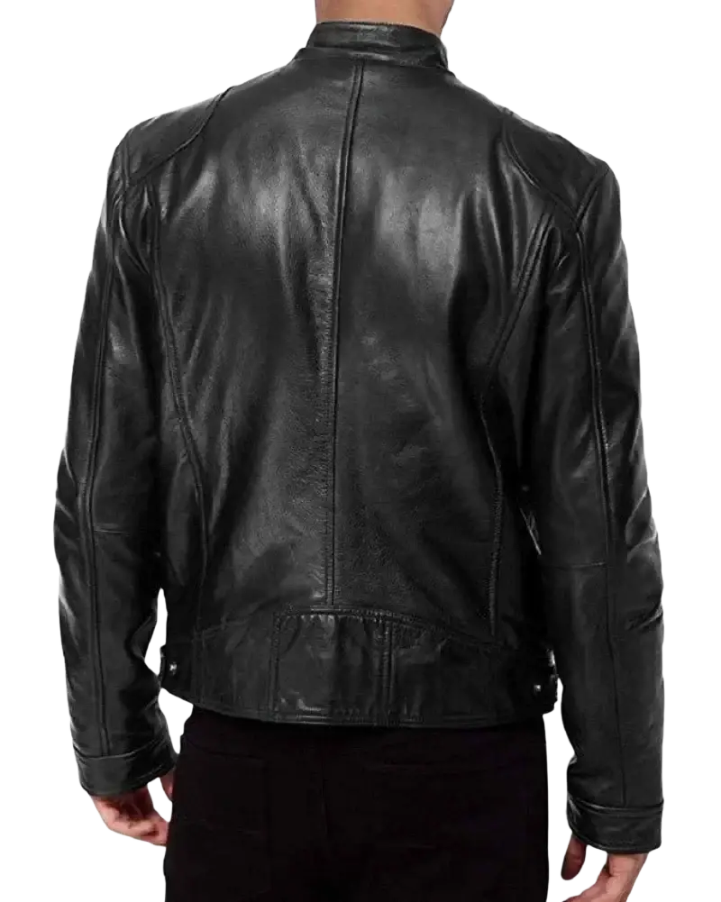 Men faux leather motorcycle bomber jacket in black with a classic sleek design and subtle stitching details