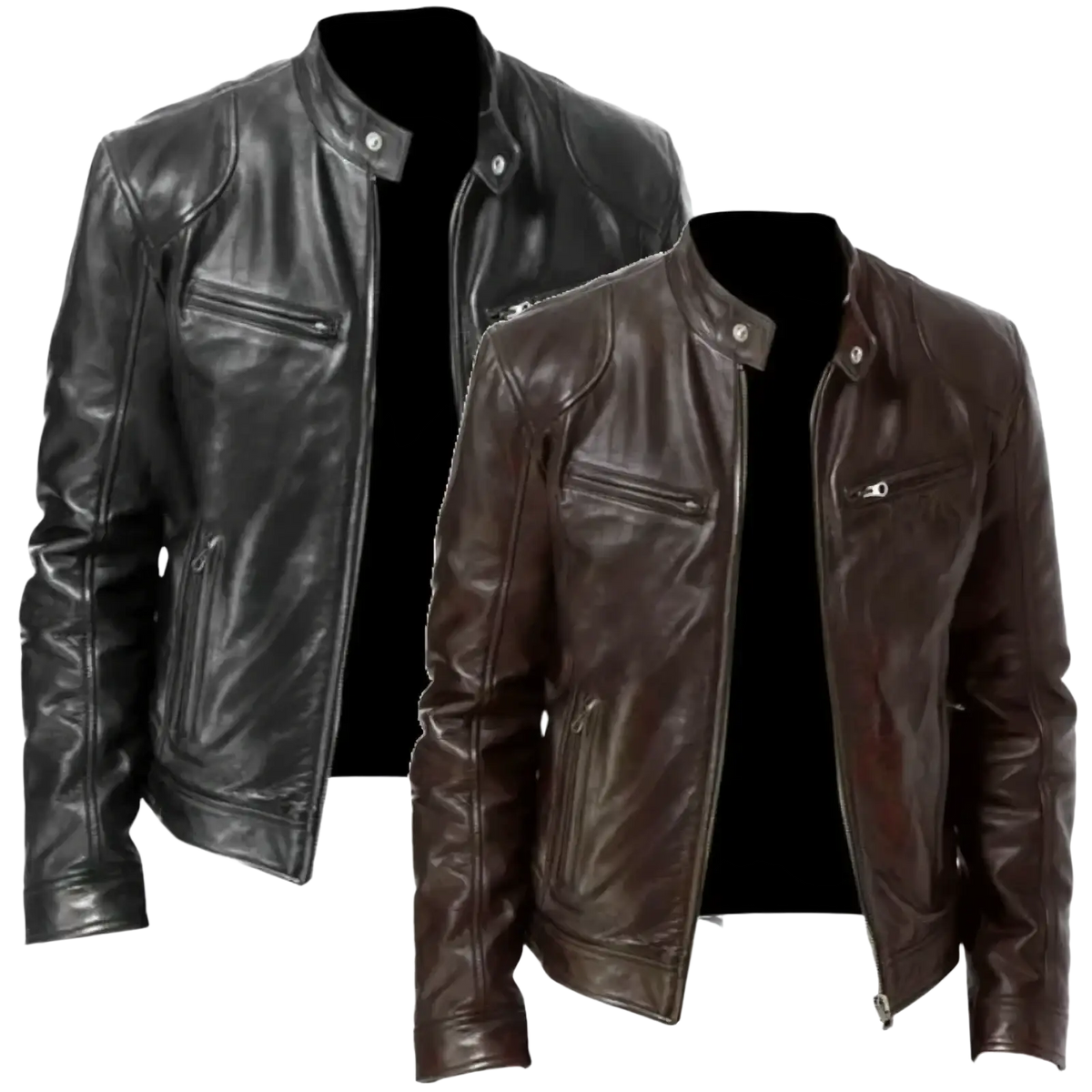 Men faux leather motorcycle bomber jackets in black and brown with snap-button collars and zippered chest pockets