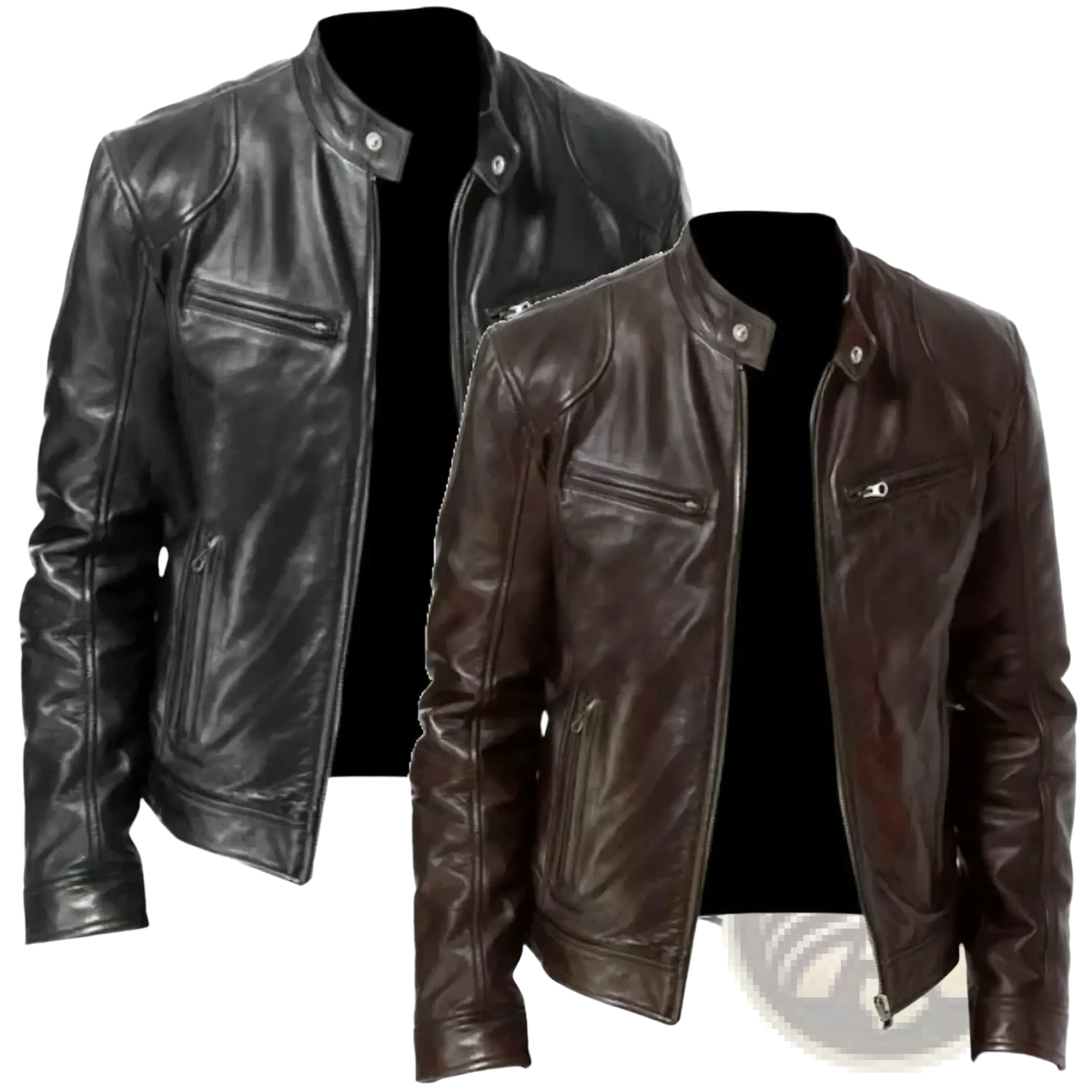 Men faux leather motorcycle bomber jackets in black and brown with snap-button collars and zippered chest pockets