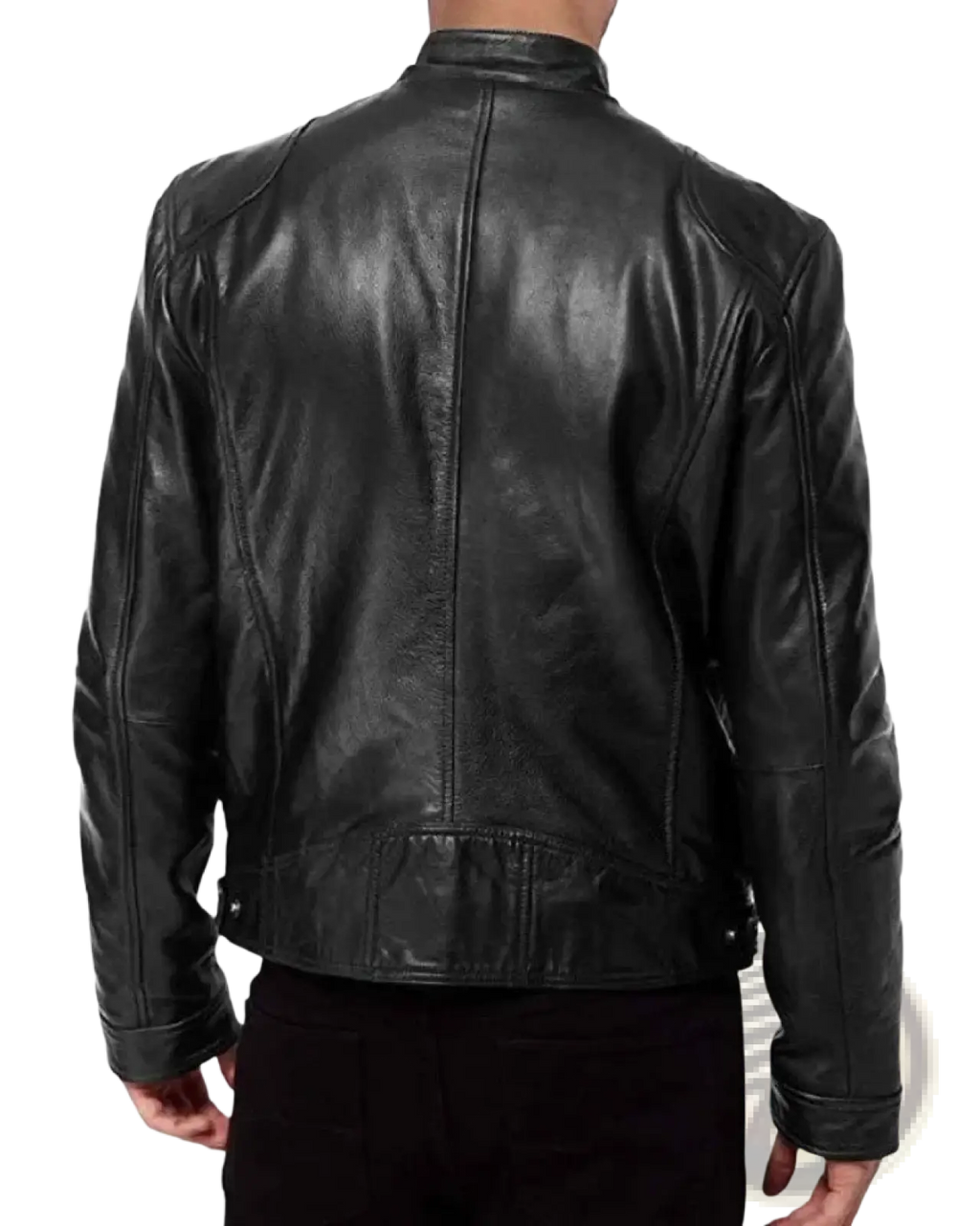 Men faux leather motorcycle bomber jacket in black with a classic sleek design and subtle stitching details