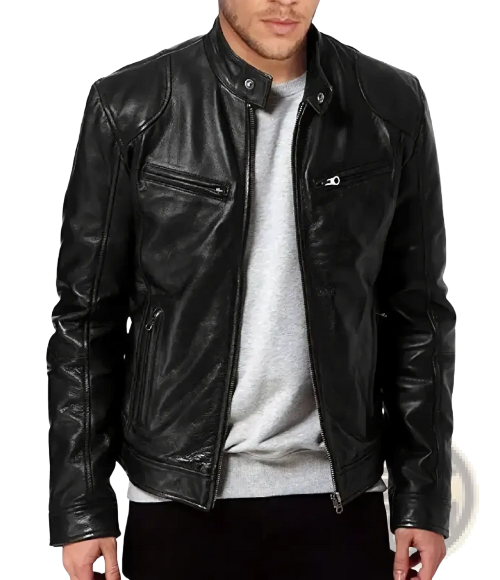 Men faux leather motorcycle bomber jacket in black with silver zippers and snap buttons for a stylish look