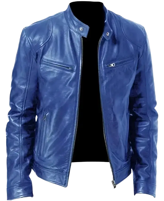 Men faux leather motorcycle bomber jacket in blue with silver zippers and button closures