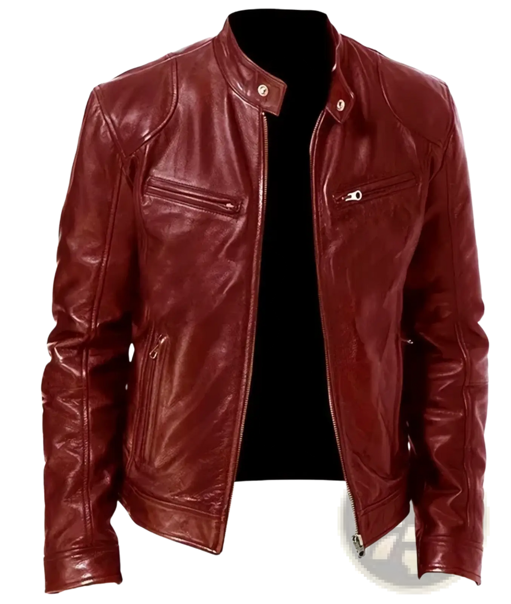 Men faux leather motorcycle bomber jacket in rich burgundy with classic design silver zippers and snap buttons