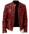 Men faux leather motorcycle bomber jacket in rich burgundy with classic design silver zippers and snap buttons