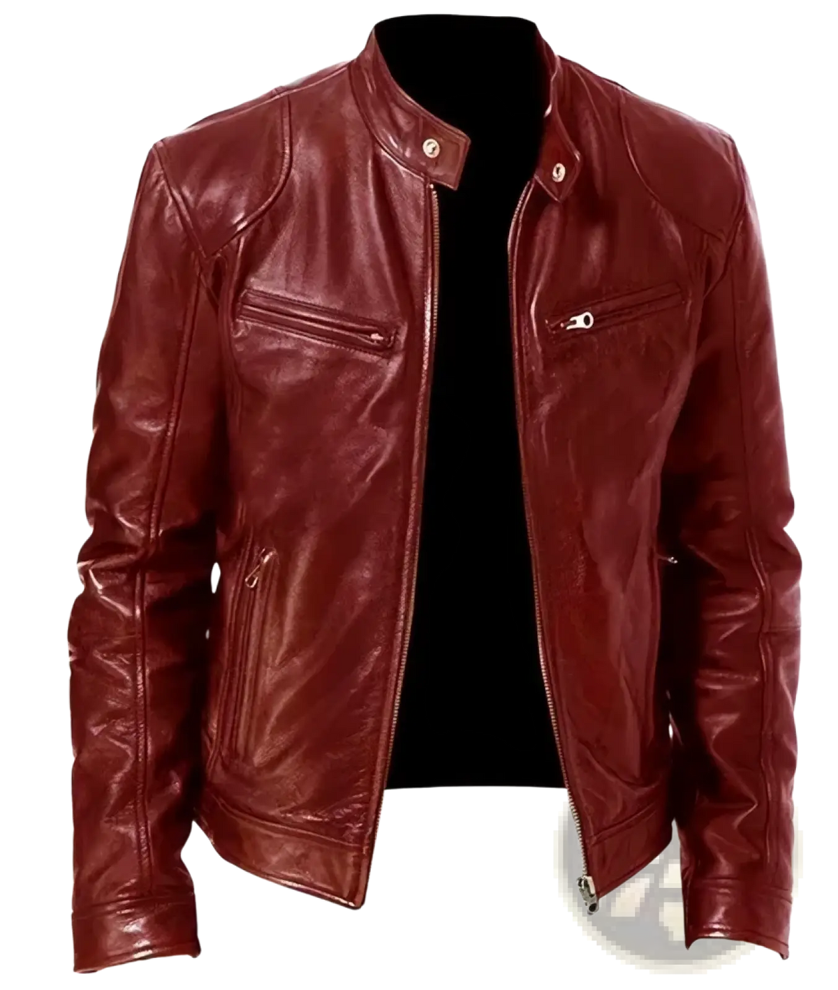 Men faux leather motorcycle bomber jacket in rich burgundy with classic design silver zippers and snap buttons