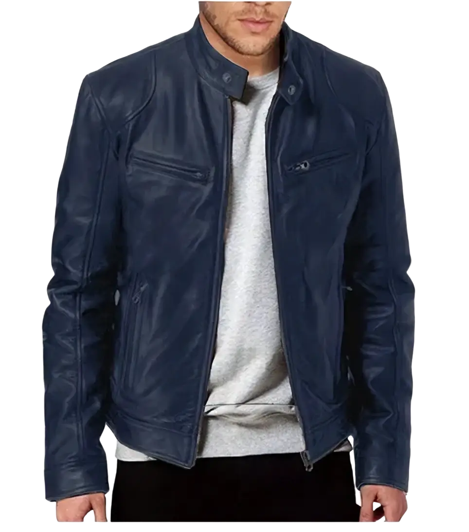 Men faux leather motorcycle bomber jacket in dark blue with classic collar and front zipper closure