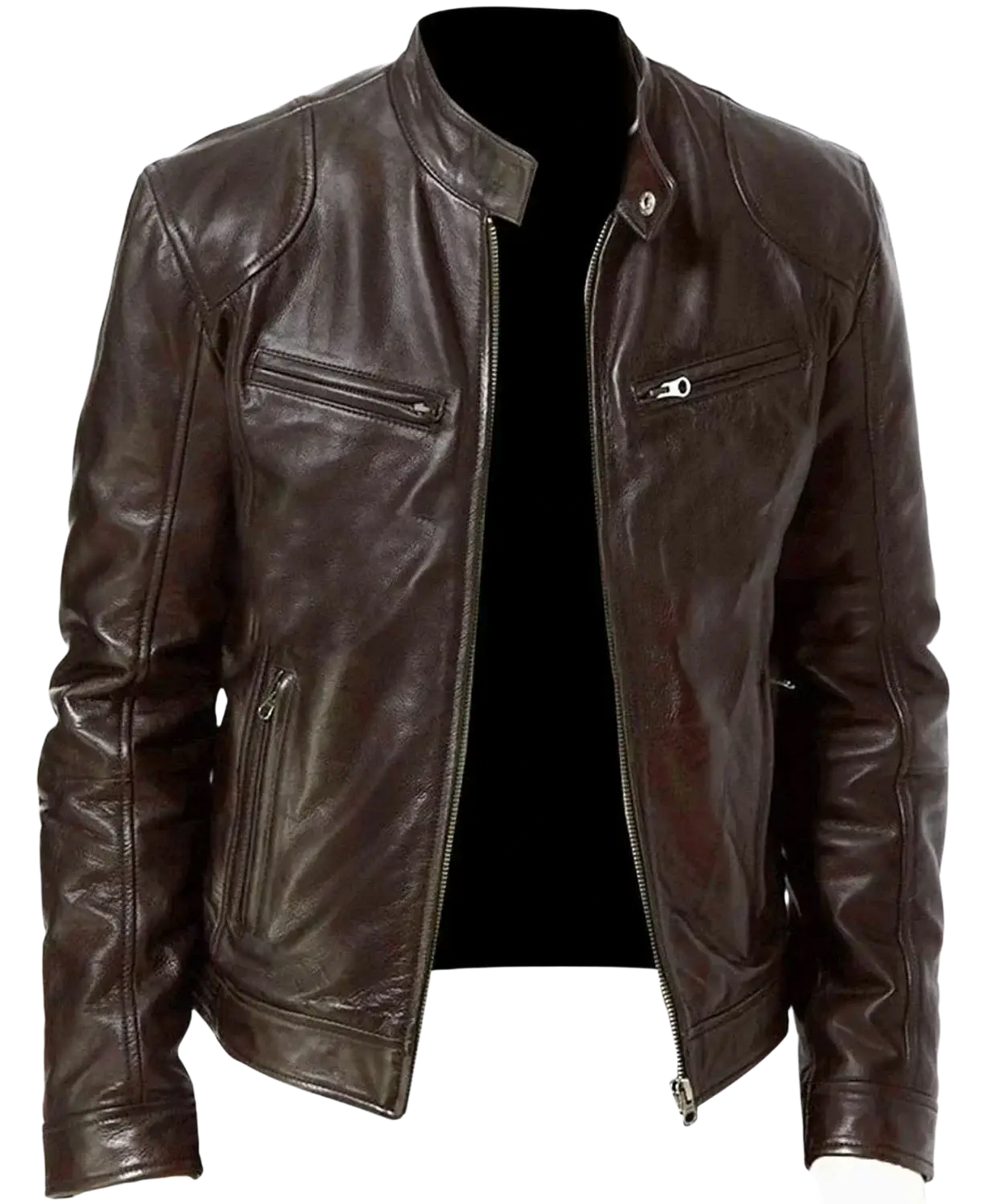 Men faux leather motorcycle bomber jacket in dark brown with silver zippers and classic collar shown from front view