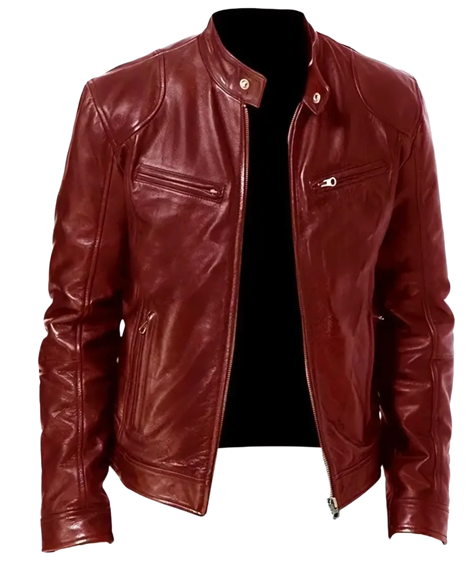 Men faux leather motorcycle bomber jacket in rich burgundy with classic design silver zippers and snap buttons