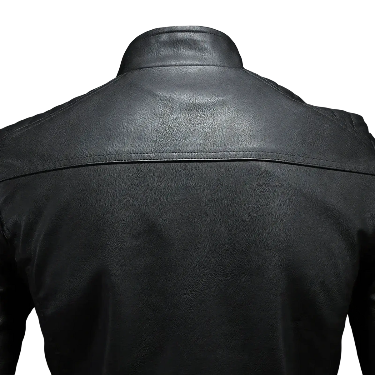 Men faux leather motorcycle jacket biker outerwear in black with high collar and stitched seams visible from the back