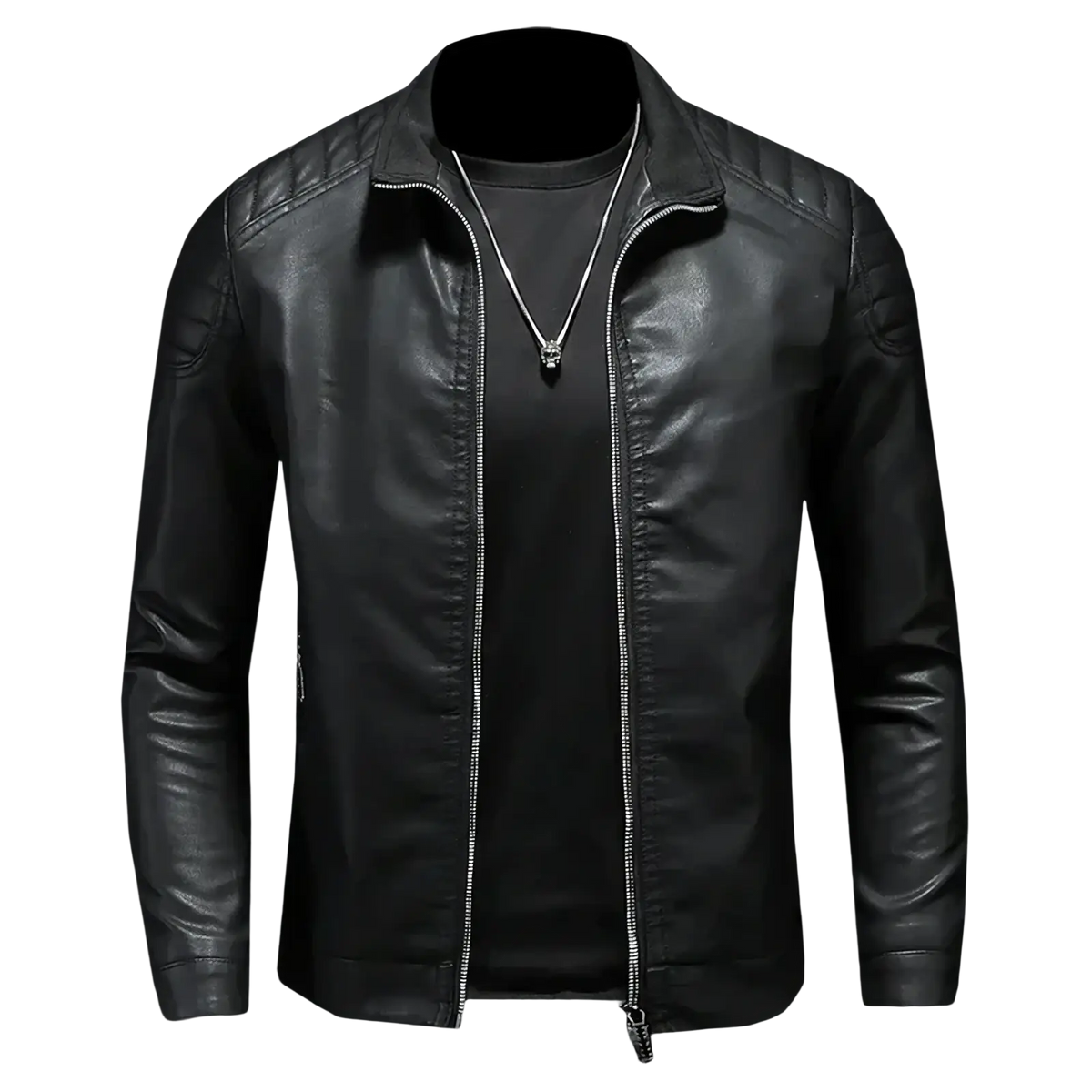 Men faux leather motorcycle jacket in black with quilted shoulder panels and a silver zipper for biker outerwear