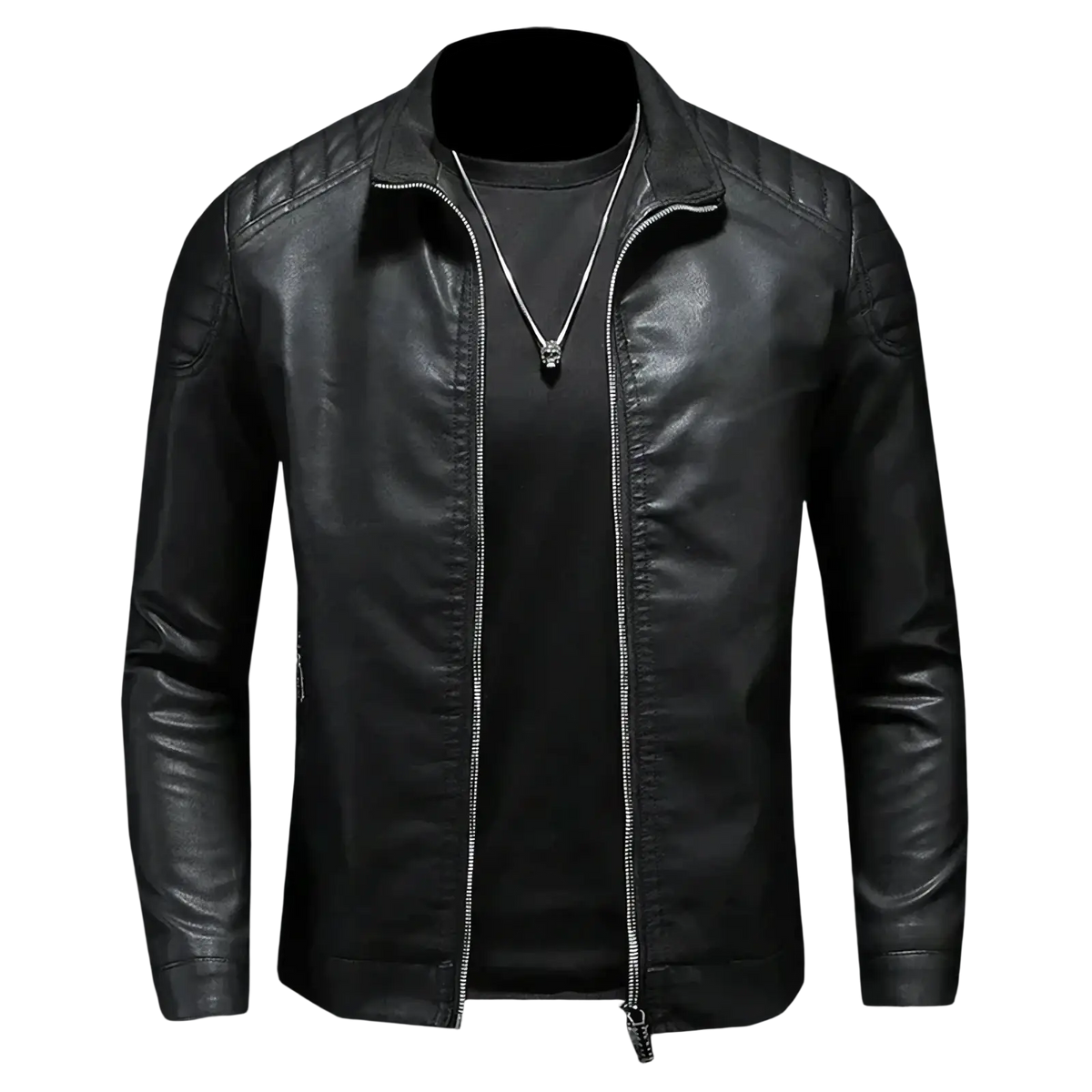 Men faux leather motorcycle jacket biker outerwear in black with quilted shoulder panels and silver zipper
