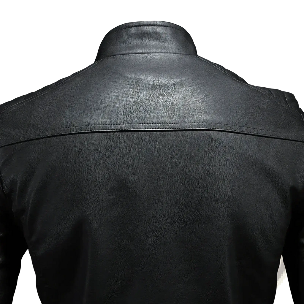 Men faux leather motorcycle jacket biker outerwear in black with high collar and stitched seams visible from the back