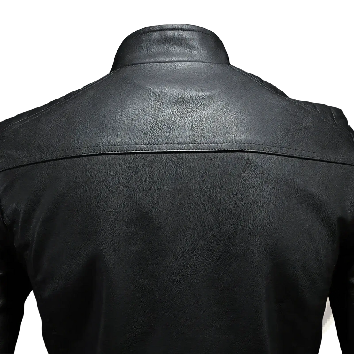 Men faux leather motorcycle jacket biker outerwear in black with high collar and stitched seams visible from the back
