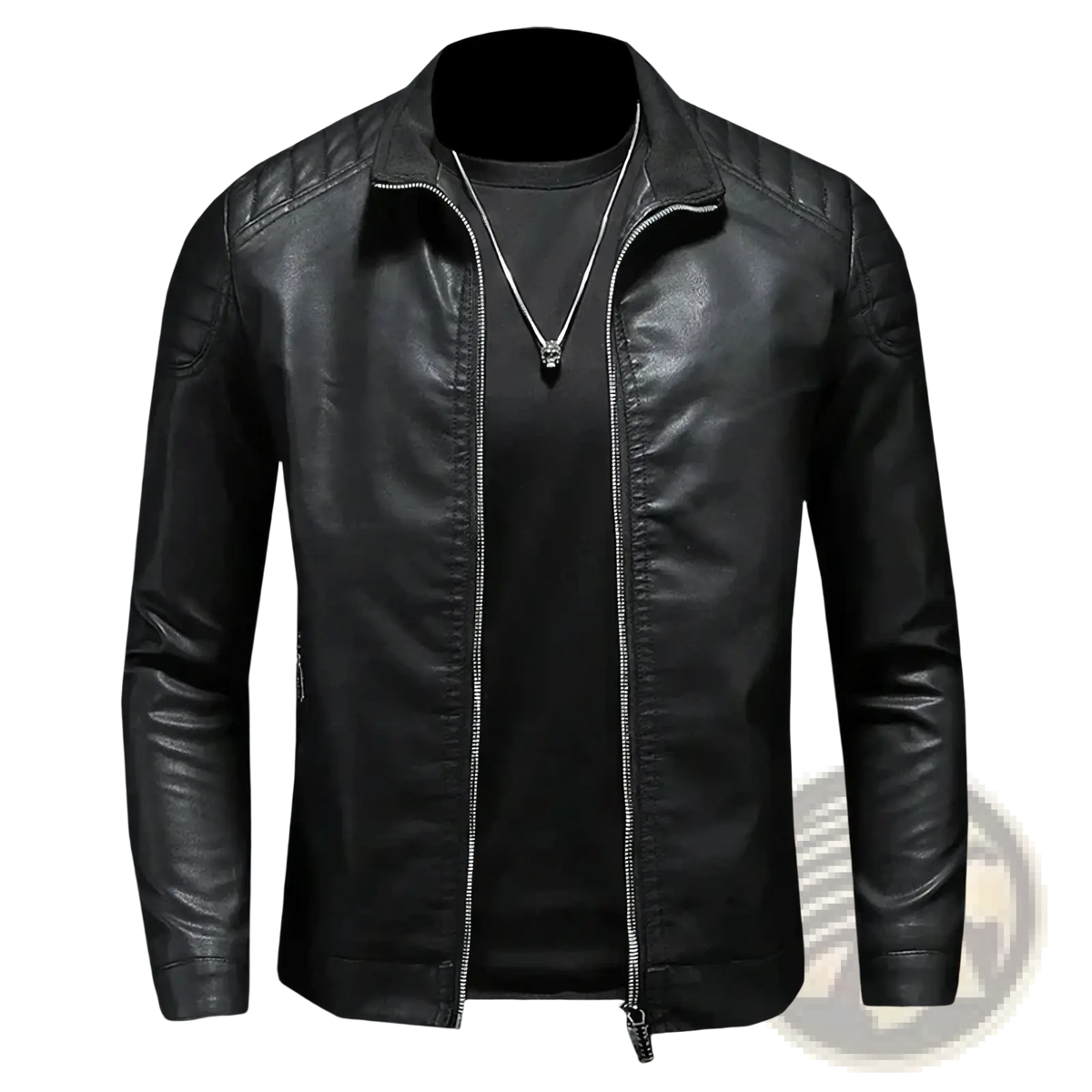 Men faux leather motorcycle jacket biker outerwear in black with quilted shoulder panels and silver zipper