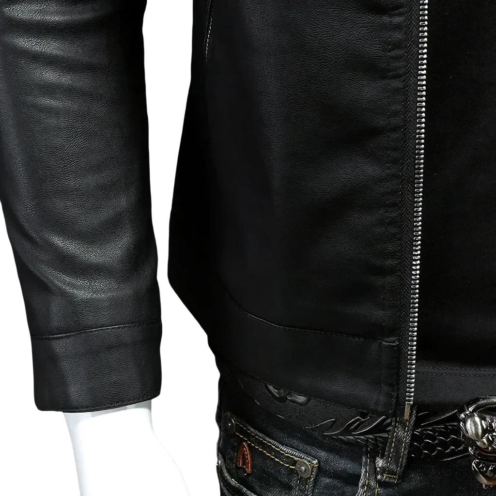 Men faux leather motorcycle jacket biker outerwear in black with silver zipper and stitched seams